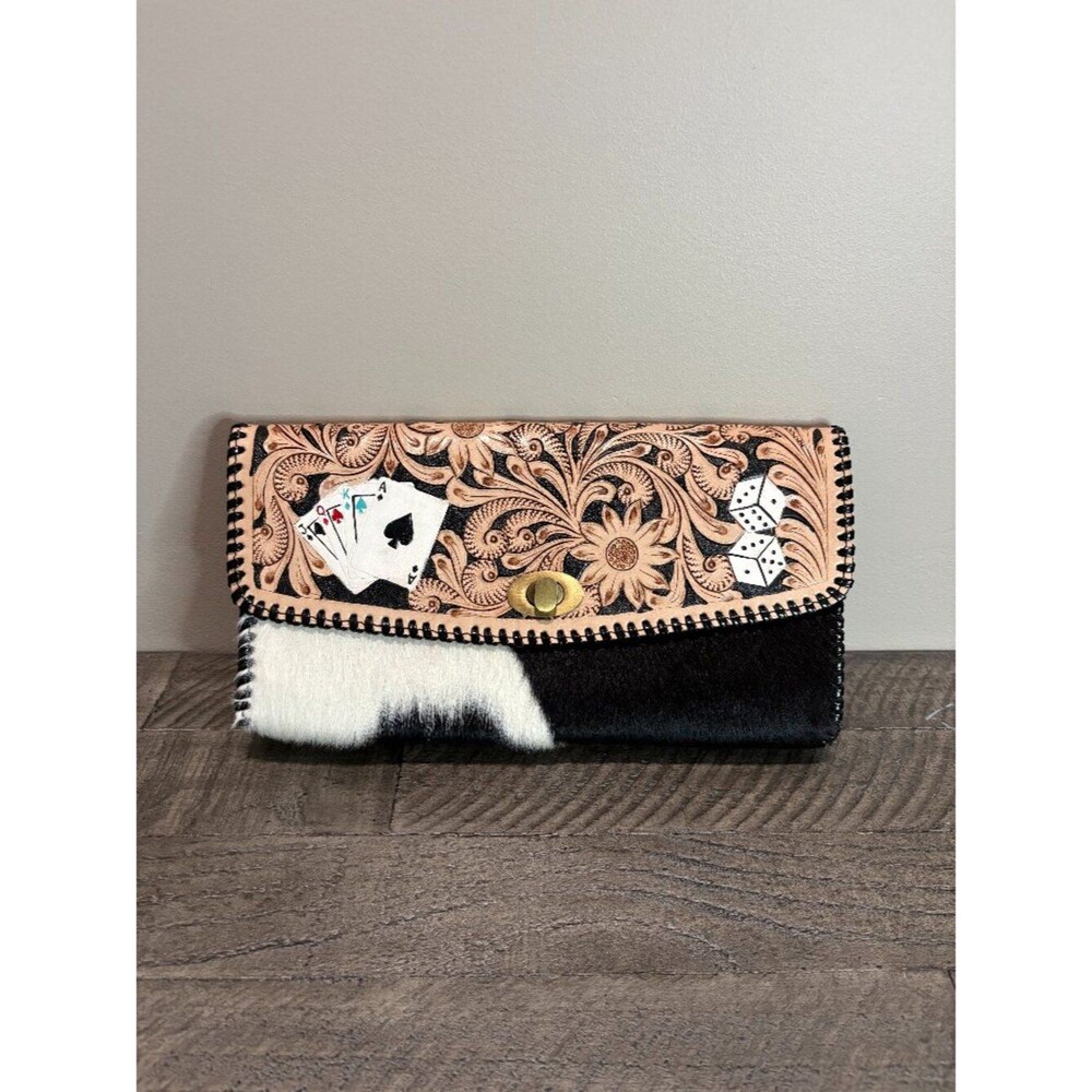 Hand Tooled Leather Cowhide Clutch Hand Painted Playing Cards Dice Western Bag
